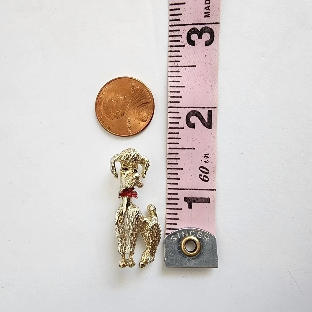 Vintage 60s Poodle Brooch Red Bow Gold Tone‎ Dog Pin Figural Animal
